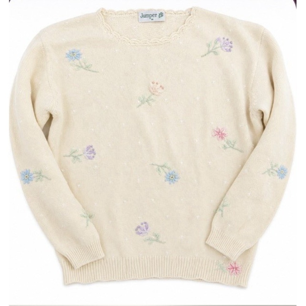 Vintage Jumper Floral Embroidered Sweater Ivory Cottagecore Womens M